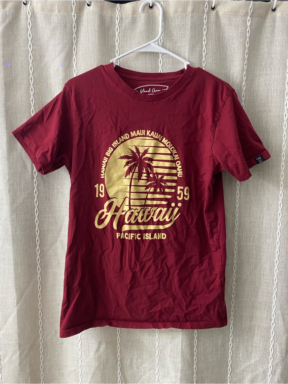 Men's Burgundy Hawaii Graphic Short Sleeve Tee with Gold Palm Print